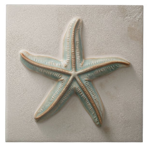 Rustic Aqua and Sand Starfish Coastal Relief Ceramic Tile