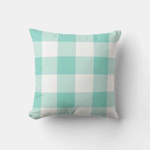 Rustic Aqua and White Buffalo Check Plaid Outdoor Pillow