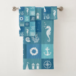 Rustic Aqua Blue Nautical Checker Pattern Custom Bath Towel Set