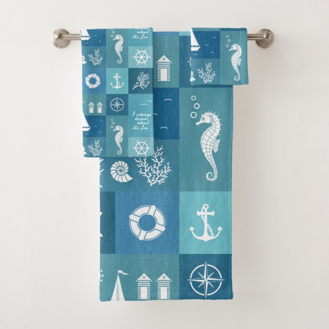 Rustic Aqua Blue Nautical Checker Pattern Custom Bath Towel Set (Insitu)