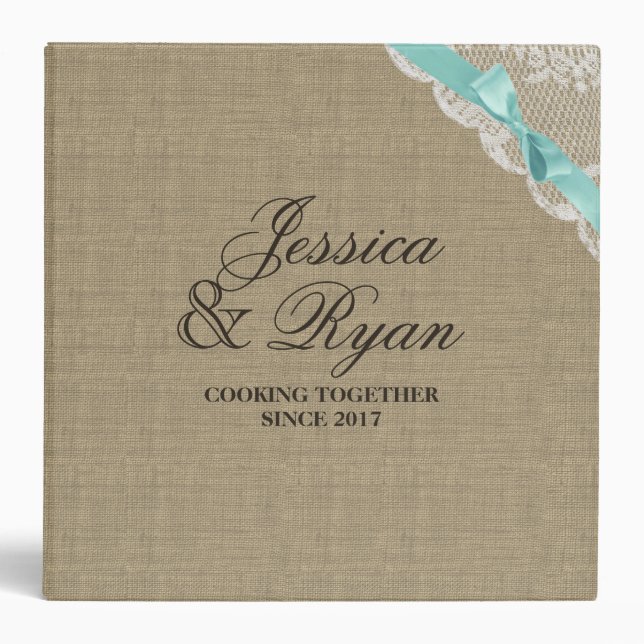 Rustic Aqua Bow and Lace Look Printed Recipe Binder (Front)