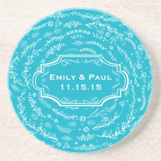 Rustic Aqua Feather Pattern Wedding Coasters