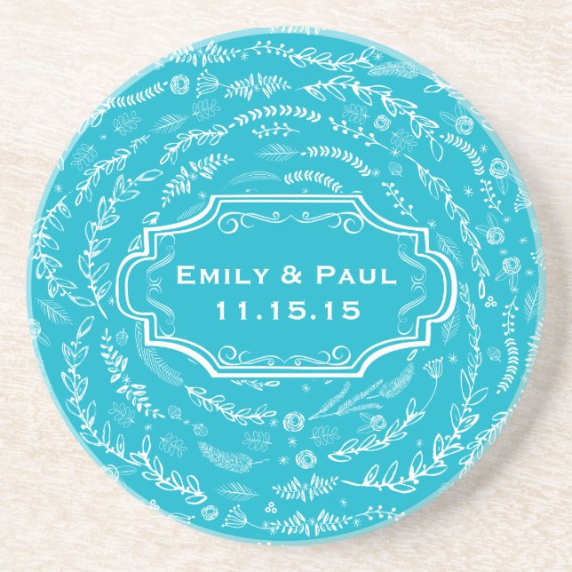 Rustic Aqua Feather Pattern Wedding Coasters (Front)