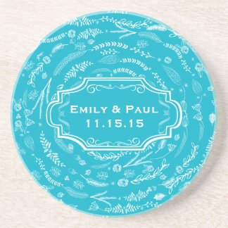 Rustic Aqua Feather Pattern Wedding Coasters