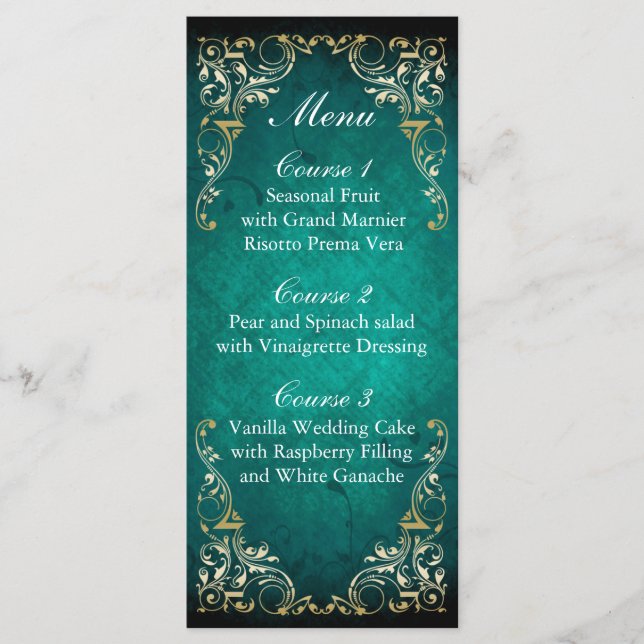 rustic aqua gold regal wedding menu (Front)