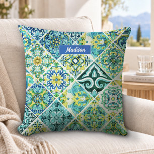 Rustic Aqua Mint Mediterranean Talavera Tiles Throw Pillow