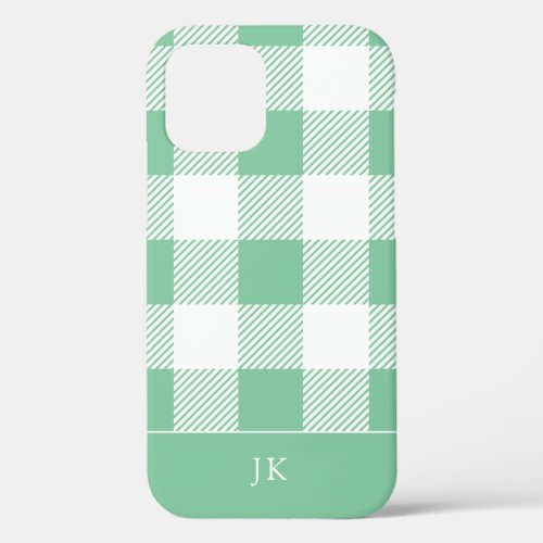 Rustic Aqua Plaid Pattern Monogram iPhone 12 Case