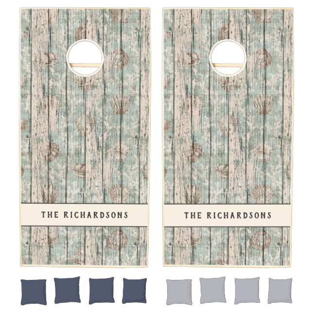 Rustic Aqua Teal Weathered Wood Sea Shells Custom Cornhole Set (Set)