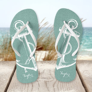 Rustic Aqua Vintage Anchor Monogram Flip Flops