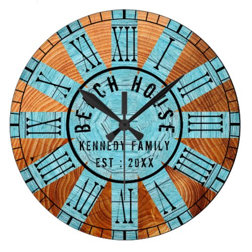 Rustic Aqua Wood Beach House Black Roman Numeral Large Clock