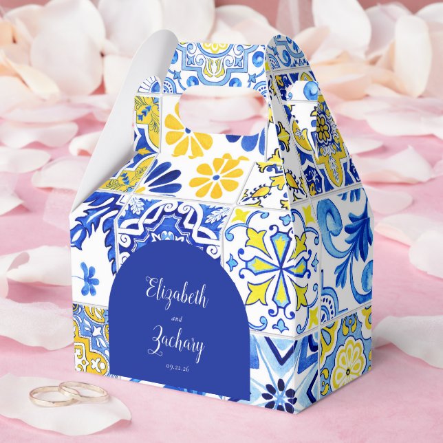 Rustic Arch Blue Yellow White Tiles Wedding Favor Boxes (Wedding)