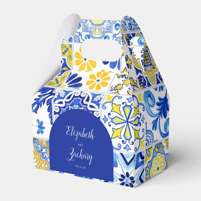 Rustic Arch Blue Yellow White Tiles Wedding Favor Boxes (Front Side)