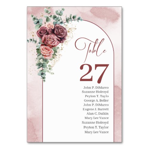 Rustic arch blush and deep red maroon roses gold table number