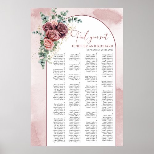 Rustic arch blush burgundy Alphabetical Seating Poster