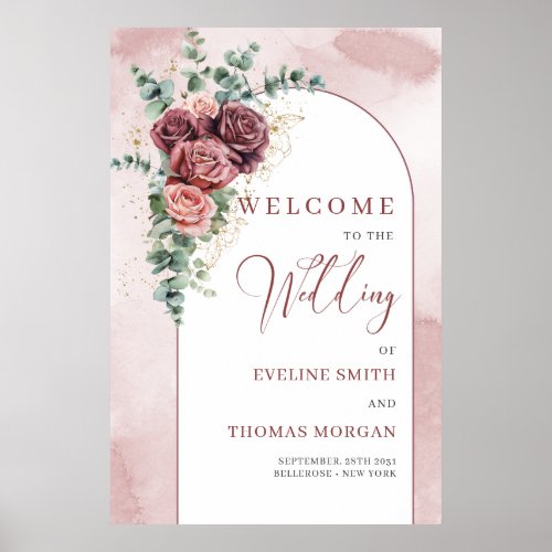 Rustic arch blush burgundy gold wedding welcome poster