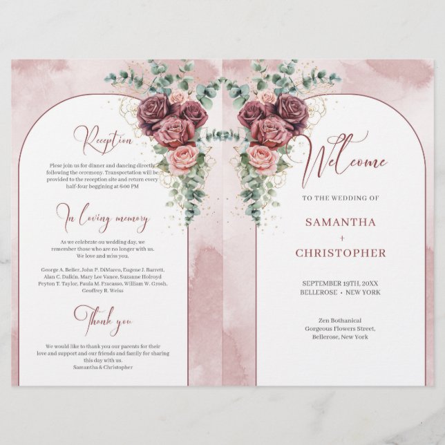 Rustic arch burgundy blush roses eucalyptus folded (Front)