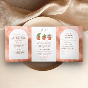 Rustic Arch Desert Cactus Terracotta Pots Wedding Tri-Fold Invitation