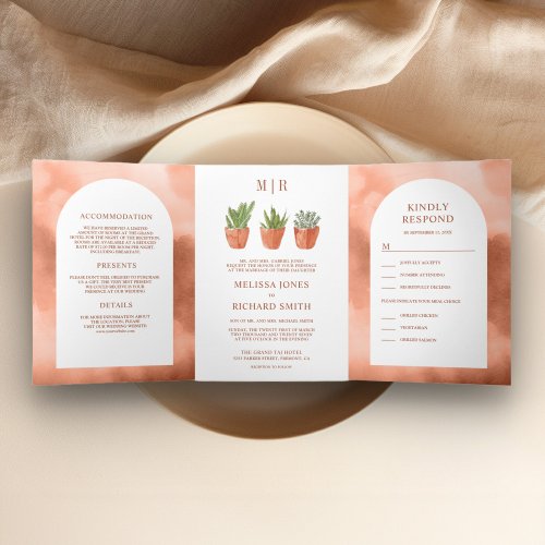 Rustic Arch Desert Cactus Terracotta Pots Wedding Tri_Fold Invitation