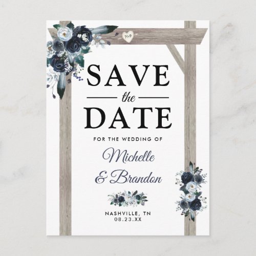 Rustic Arch Dusty Blue Floral Save the Date Announcement Postcard - Rustic blue wedding save the date postcards featuring a trendy white background that can be changed to any color, a rustic wooden wedding arch, boho chic dusty blue watercolor flowers, a carved heart with the couples initials, and a modern save our date template.