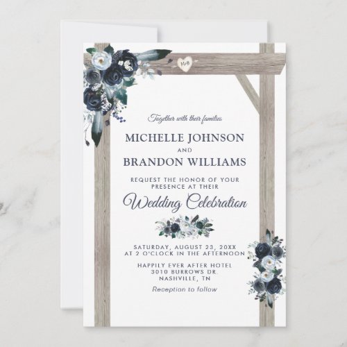 Rustic Arch Dusty Blue Floral Wedding Invitation - Rustic blue wedding invitations featuring a trendy white background that can be changed to any color, a rustic wooden wedding arch, boho chic dusty blue watercolor flowers, a carved heart with the couples initials, and a modern wedding template.