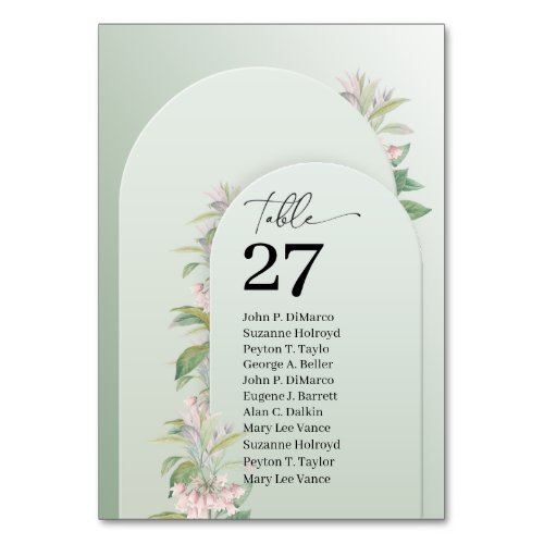 Rustic arch dusty green leaves blush floral table number