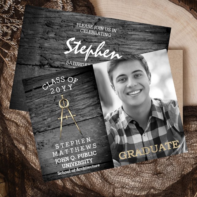 Rustic Architect Architecture Compass Graduation Invitation (Rustic Architect Architecture Compass Graduation Announcement and Party Invitation - Print | Digital)