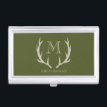Rustic Army Green Antler Custom Groomsmen Gift Business Card Case<br><div class="desc">Elevate your groomsmen's essentials with our sophisticated Business Card Holder, ideal for gifting as groomsmen gifts, proposing to your groomsmen, or honoring your best man. Crafted with a rustic yet modern touch, this holder features an army green design adorned with soft amber/beige antler motifs and personalized monogram initials. Embrace the...</div>