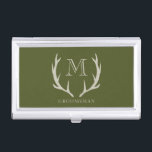 Rustic Army Green Antler Custom Groomsmen Gift Business Card Case<br><div class="desc">Elevate your groomsmen's essentials with our sophisticated Business Card Holder, ideal for gifting as groomsmen gifts, proposing to your groomsmen, or honoring your best man. Crafted with a rustic yet modern touch, this holder features an army green design adorned with soft amber/beige antler motifs and personalized monogram initials. Embrace the...</div>