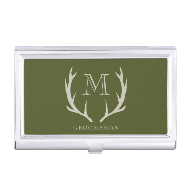 Rustic Army Green Antler Custom Groomsmen Gift Business Card Case (Front)