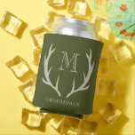 Rustic Army Green Antler Custom Groomsmen Gift Can Cooler<br><div class="desc">Keep your beverages chilled in style with our can cooler, the ultimate accessory for any outdoor gathering or casual hangout. Designed for practicality and style, this can cooler features a sleek and durable construction, ensuring your drinks stay refreshingly cold for longer. With its vibrant army green hue and soft amber/beige...</div>