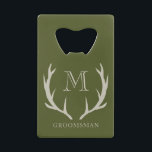 Rustic Army Green Antler Custom Groomsmen Gift Credit Card Bottle Opener<br><div class="desc">Elevate your groomsmen gifts with our sleek bottle opener, the perfect blend of functionality and style. Crafted for durability and practicality, this bottle opener ensures easy access to refreshments at any gathering. Its army green finish and subtle amber/beige antler design add a touch of rustic elegance, making it a standout...</div>
