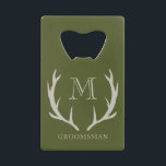 Rustic Army Green Antler Custom Groomsmen Gift Credit Card Bottle Opener<br><div class="desc">Elevate your groomsmen gifts with our sleek bottle opener, the perfect blend of functionality and style. Crafted for durability and practicality, this bottle opener ensures easy access to refreshments at any gathering. Its army green finish and subtle amber/beige antler design add a touch of rustic elegance, making it a standout...</div>