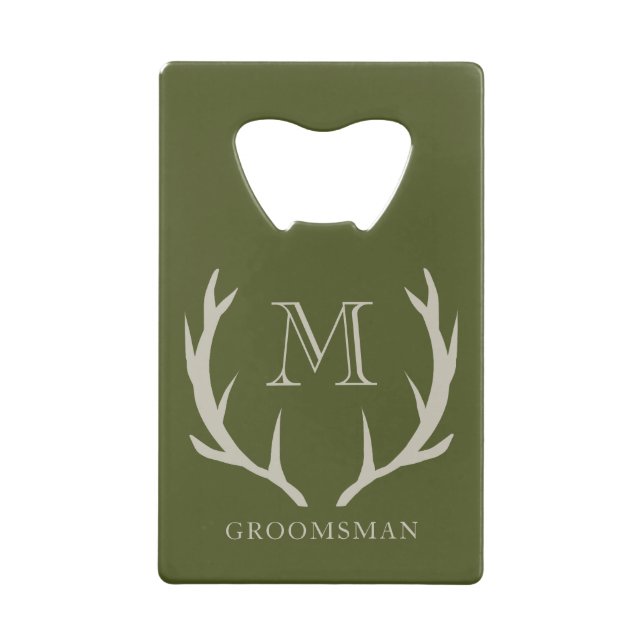 Rustic Army Green Antler Custom Groomsmen Gift Credit Card Bottle Opener (Back)