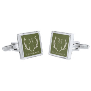 Rustic Army Green Antler Custom Groomsmen Gift Cufflinks