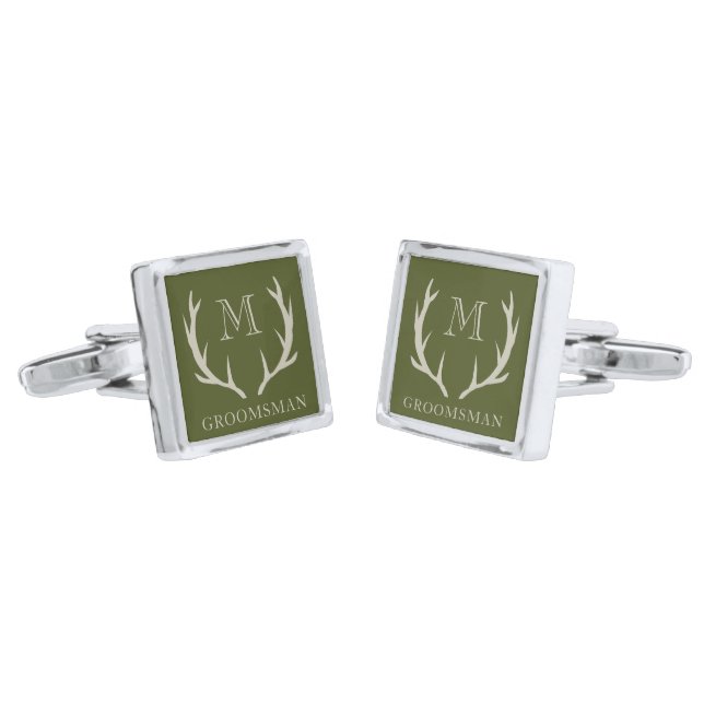 Rustic Army Green Antler Custom Groomsmen Gift Cufflinks (Angled)