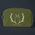 Rustic Army Green Antler Custom Groomsmen Gift Dopp Kit<br><div class="desc">Elevate your groomsmen's travel game with our stylish Dopp Kit bag, the perfect accessory for any journey or adventure. Designed for both practicality and sophistication, this Dopp Kit boasts a sleek and durable construction to keep your grooming essentials organized and secure. With its vibrant army green hue and soft amber/beige...</div>
