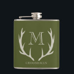 Rustic Army Green Antler Custom Groomsmen Gift Flask<br><div class="desc">Celebrate your groomsmen in style with our stunning Groomsmen Flask, the perfect choice for groomsmen gifts, groomsman proposal gifts, or as a best man gift. Crafted with a rustic yet modern aesthetic, this flask features an army green background adorned with soft amber/beige antler designs and personalized monogram initials. Embrace the...</div>