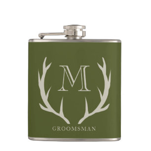 Rustic Army Green Antler Custom Groomsmen Gift Flask