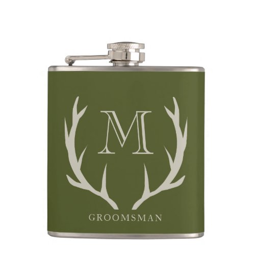 Rustic Army Green Antler Custom Groomsmen Gift Flask