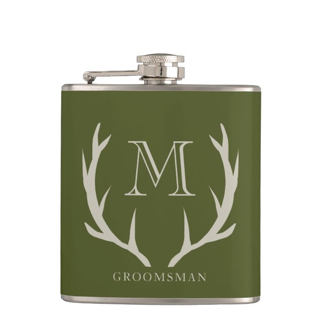 Rustic Army Green Antler Custom Groomsmen Gift Flask (Front)