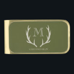 Rustic Army Green Antler Custom Groomsmen Gift Gold Finish Money Clip<br><div class="desc">Celebrate your groomsmen in style with our stunning Groomsmen Money Clip, the perfect choice for groomsmen gifts, groomsman proposal gifts, or as a best man gift. Crafted with a rustic yet modern aesthetic, this money clip features an army green background adorned with soft amber/beige antler designs and personalized monogram initials....</div>