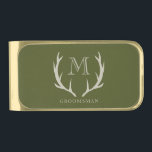 Rustic Army Green Antler Custom Groomsmen Gift Gold Finish Money Clip<br><div class="desc">Celebrate your groomsmen in style with our stunning Groomsmen Money Clip, the perfect choice for groomsmen gifts, groomsman proposal gifts, or as a best man gift. Crafted with a rustic yet modern aesthetic, this money clip features an army green background adorned with soft amber/beige antler designs and personalized monogram initials....</div>