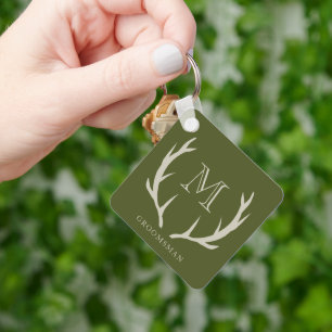 Rustic Army Green Antler Custom Groomsmen Gift Keychain