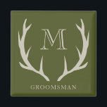 Rustic Army Green Antler Custom Groomsmen Gift Magnet<br><div class="desc">Introducing our groomsmen's magnet, a unique and practical gift for your wedding party. Crafted with care and attention to detail, this magnet features a stylish design with a touch of rustic elegance. The army green background, paired with soft amber/beige antler motifs and personalized monogram initials, adds a personalized touch to...</div>