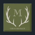 Rustic Army Green Antler Custom Groomsmen Gift Magnet<br><div class="desc">Introducing our groomsmen's magnet, a unique and practical gift for your wedding party. Crafted with care and attention to detail, this magnet features a stylish design with a touch of rustic elegance. The army green background, paired with soft amber/beige antler motifs and personalized monogram initials, adds a personalized touch to...</div>
