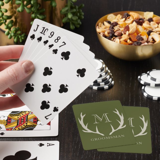 Rustic Army Green Antler Custom Groomsmen Gift Poker Cards (In Situ)