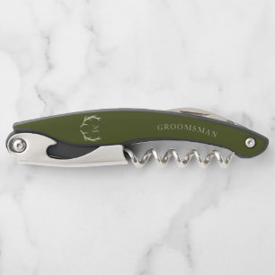 Rustic Army Green Antler Custom Groomsmen Gift Waiter's Corkscrew
