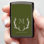 Rustic Army Green Antler Custom Groomsmen Gift Zippo Lighter<br><div class="desc">Celebrate your groomsmen with our elegant Zippo Lighter, perfect for gifting as groomsmen gifts, proposing to your groomsmen, or honoring your best man. Crafted with a rustic yet modern touch, this lighter features a sleek army green design adorned with soft amber/beige antler motifs and personalized monogram initials. Embrace the rugged...</div>