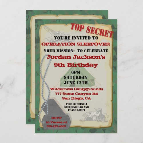 Rustic Army Sleepover Party Invitation