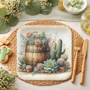 Rustic Arrangement Of Succulents & Cacti Paper Plates
